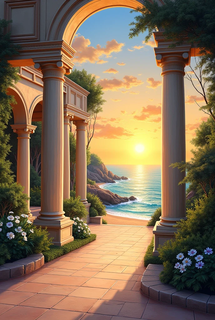 a painting, roman architecture, garden or outdoor scene like sunset and beachviews, not too much blended colors, easy to draw, easy to paint, not too detailed