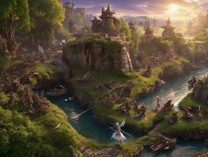 a fair-skinned female fairy leads her army at war in a magical land full of monsters using a bow and arrow. Without wings. professional. 3D. ,ultra realistic, Very detailed, digital art. Game art
