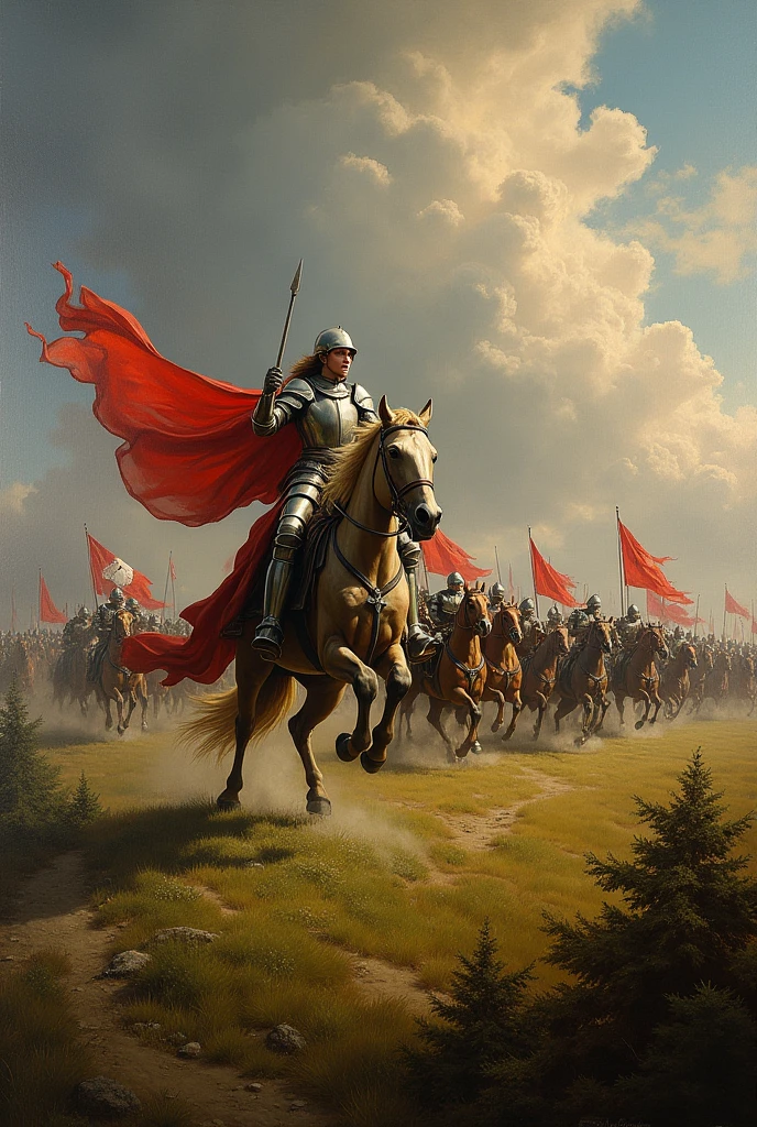 joan of arc leading a battle surrounded by knights on a horse landscape painting