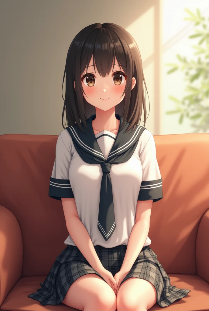 asian girl sitting on couch light smile