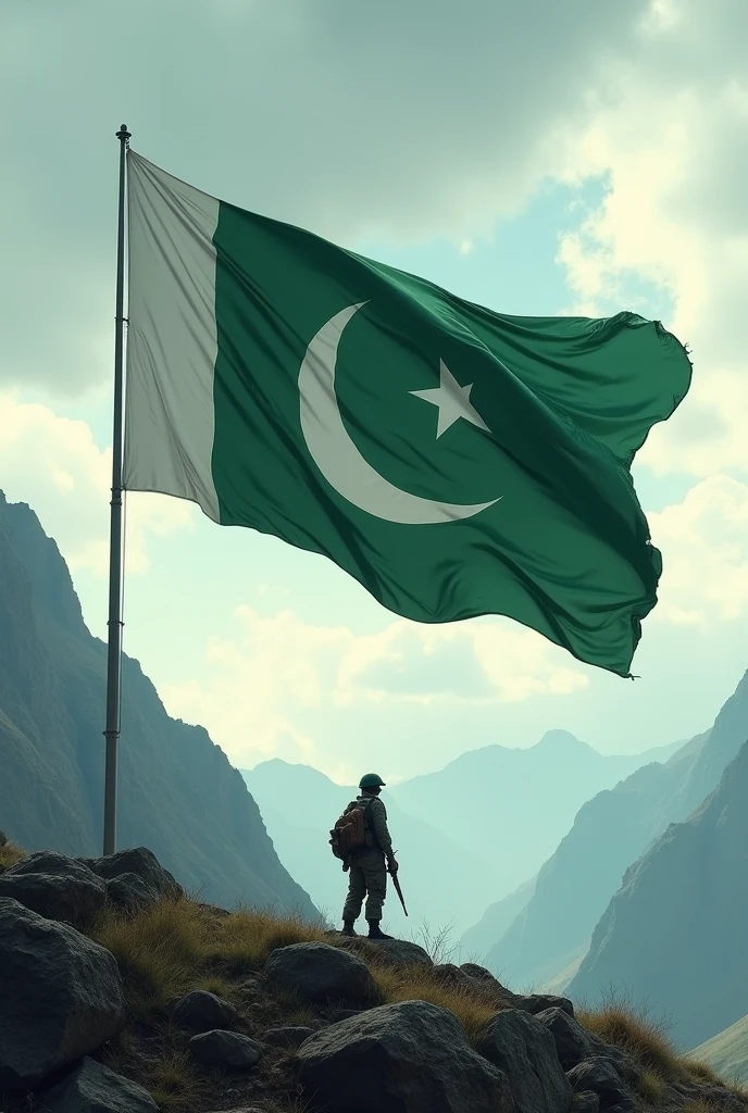 Pakistan  big flag moving in the air at the top of mountain in wild catch by soldier moving in the wind