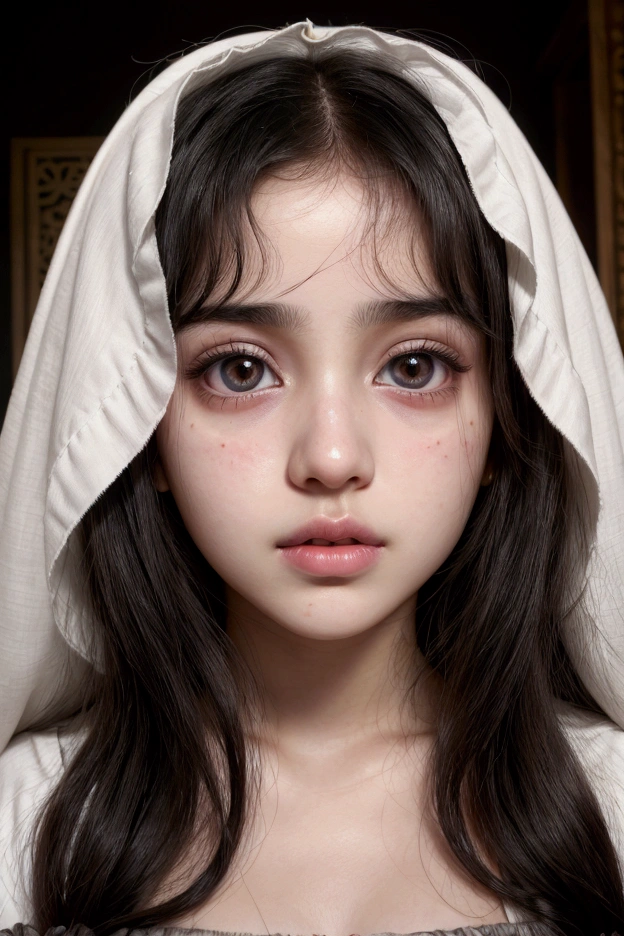 Dramatic light, close up face, big black eyes, pretty teen Arab girl, young, pink juicy lips, pale white skin, rosy cheeks, wavy messy black hair, look innocent and beautiful