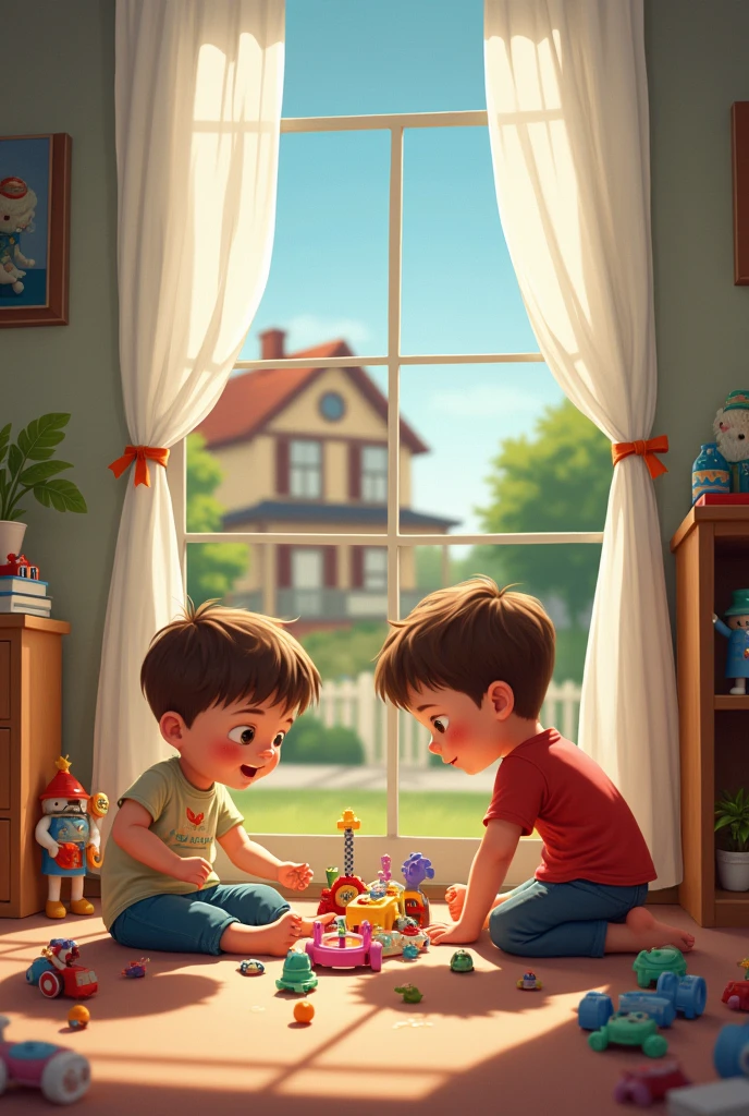 My younger brother and I and Lucy always play with toys at our house. In the house next to us, Lucy's uncle is always fighting