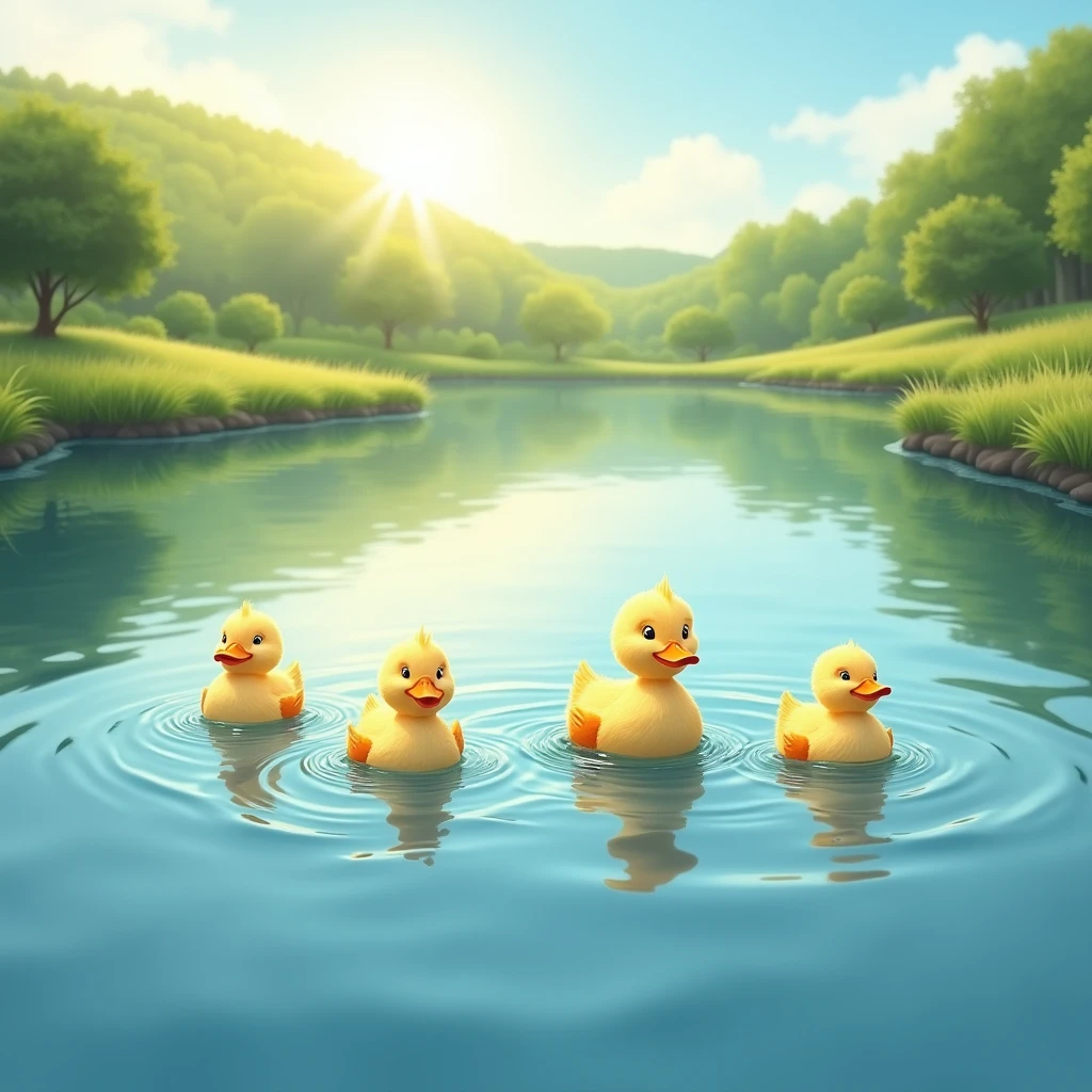 sunny day, ducks waddled over to the big blue pond