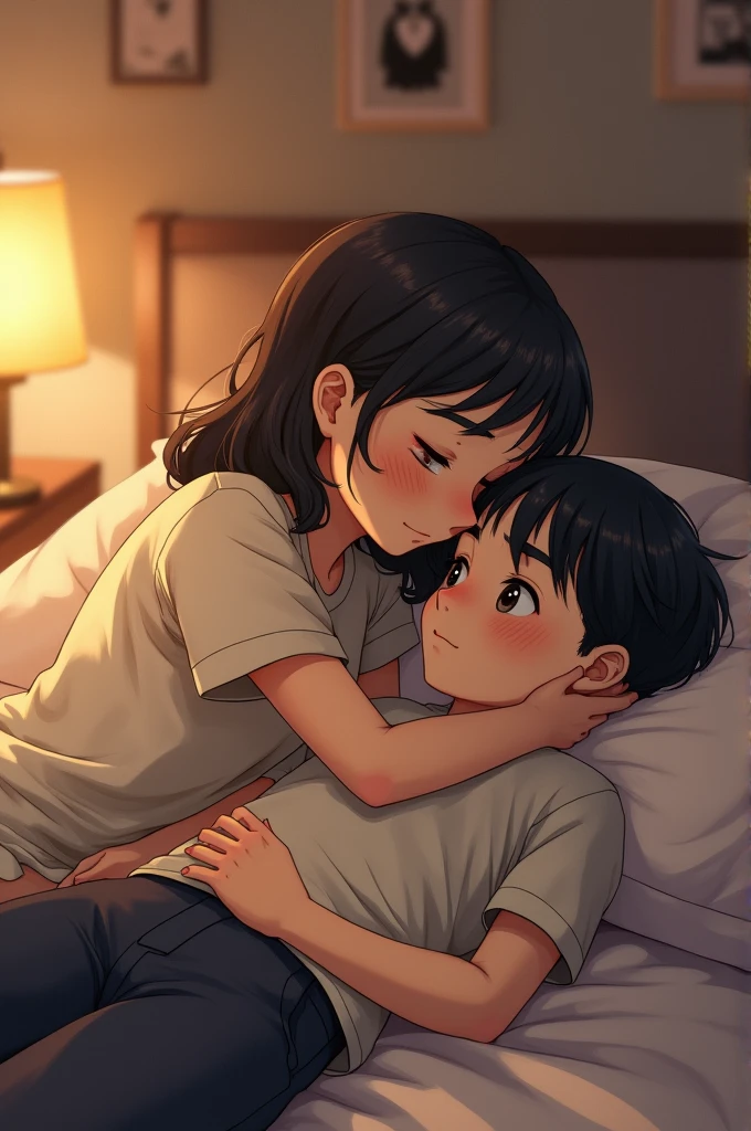 In a softly lit bedroom, a 2 boy and a girl, both wearing black shirts, share a moment of serene closeness. The girl, lying on the bed with a gentle smile, cradles the boy in her arms. Her shirt, slightly disheveled, contrasts with the neatness of his. The boy’s head rests comfortably on her chest, and the faint glow of a bedside lamp creates a warm ambiance. The room’s decor is minimal yet cozy, emphasizing their intimate connection and the peaceful quiet that envelops them.