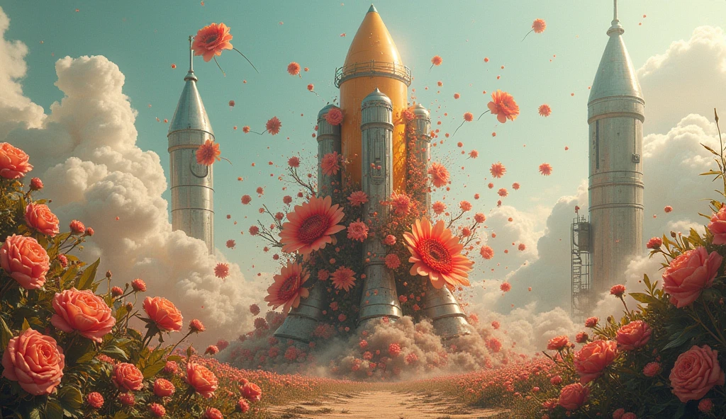 Flowers destroy rockets and rockets explode with rosebuds.