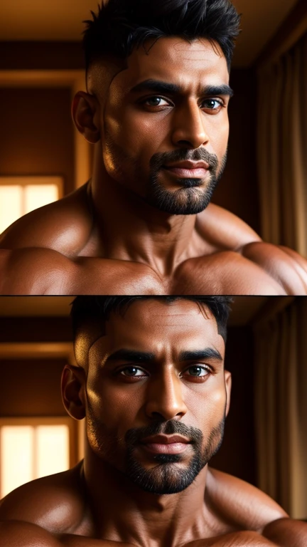 Gay couple scenes collage, Pehlwan man Indian Gurjar 40 years old man pleasing himself, big shinning eyes big lips wide jawline beautiful hunk face spiky black hairstyle, oiled body, pleasing, hd, hdr, D750F nikon, Cinematic 