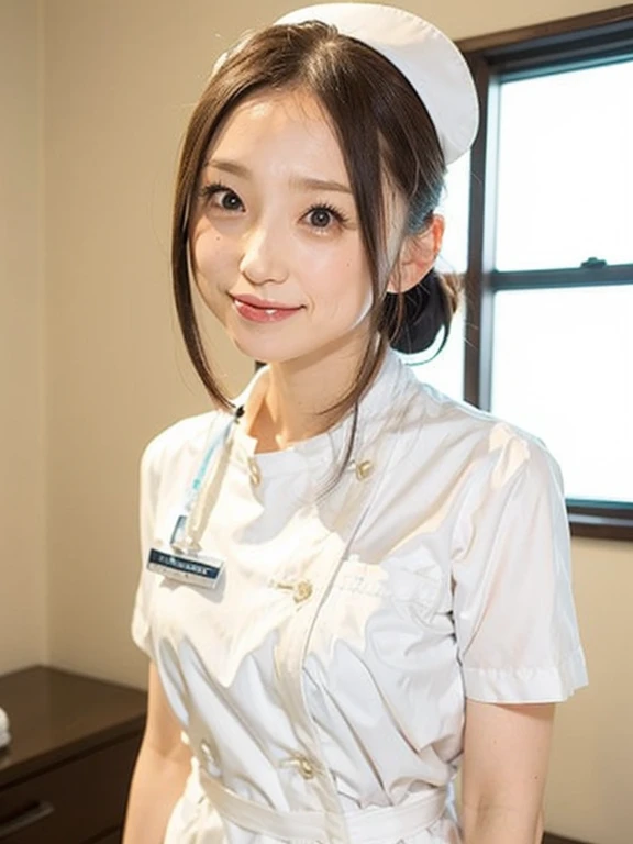 woman, alone, Iris, (Wearing white nurse clothes:1.2), Upstyle, nurse, Perfect Anatomy, nurse uniform, (Nurse cap), (White costume), Long skirt, hospital, Face close-up, smile、Close your mouth