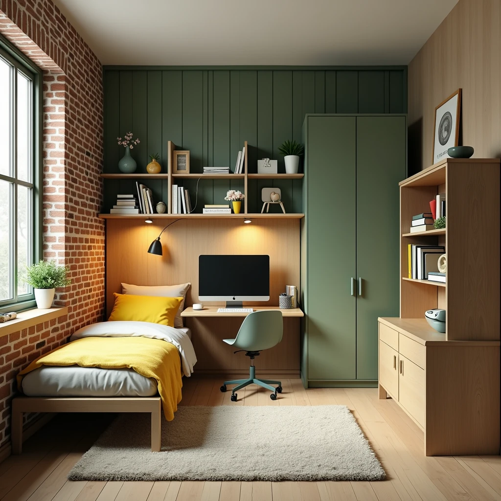 Small modern schoolboy room. Decorative wall of original 19th century brick. Decorative wall of rustic board , single bed, homework desk, two-door wardrobe, bookcase, office chair, computer, monitor, school supplies.
Style: modern, photo-realism, minimalism.
Colour scheme: green and yellow
Atmosphere: light with elements of dark green and brown
Lighting: artificial light from lamp