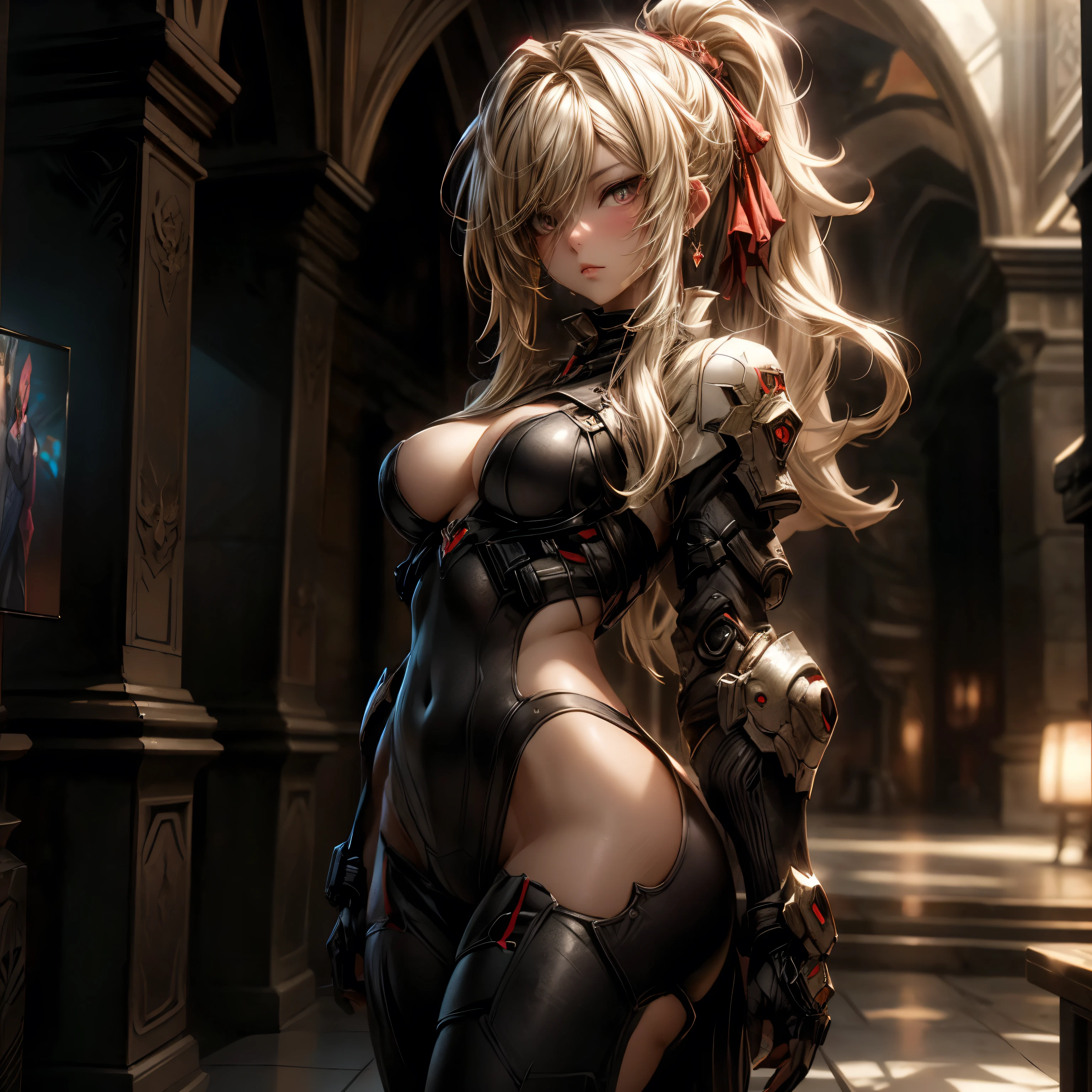 (best quality)), ((Masterpiece)), (details:1.4), 3d, HDR (high dynamic range), an image of a beautiful cyberpunk female, fantasy, Hips up, Blonde hair, High ponytail, Red eyes, จมูกโด่ง, ปากแดง, หน้าอกใหญ่, nvidia RTX, PBR surface, After processing, Anisotropic filtration,depth of field, Maximum clarity and clarity, multi-layered surface, Subsurface scattering, perfect proportions, 8K raw files, ultra detailed, Perfect proportions, volumetric lighting, soft lighting, Holy Paladin, Heavy black Armor, glossy skin, chapel background, jewely, ต่างหู, นิ้วมือสมบูรณ์,