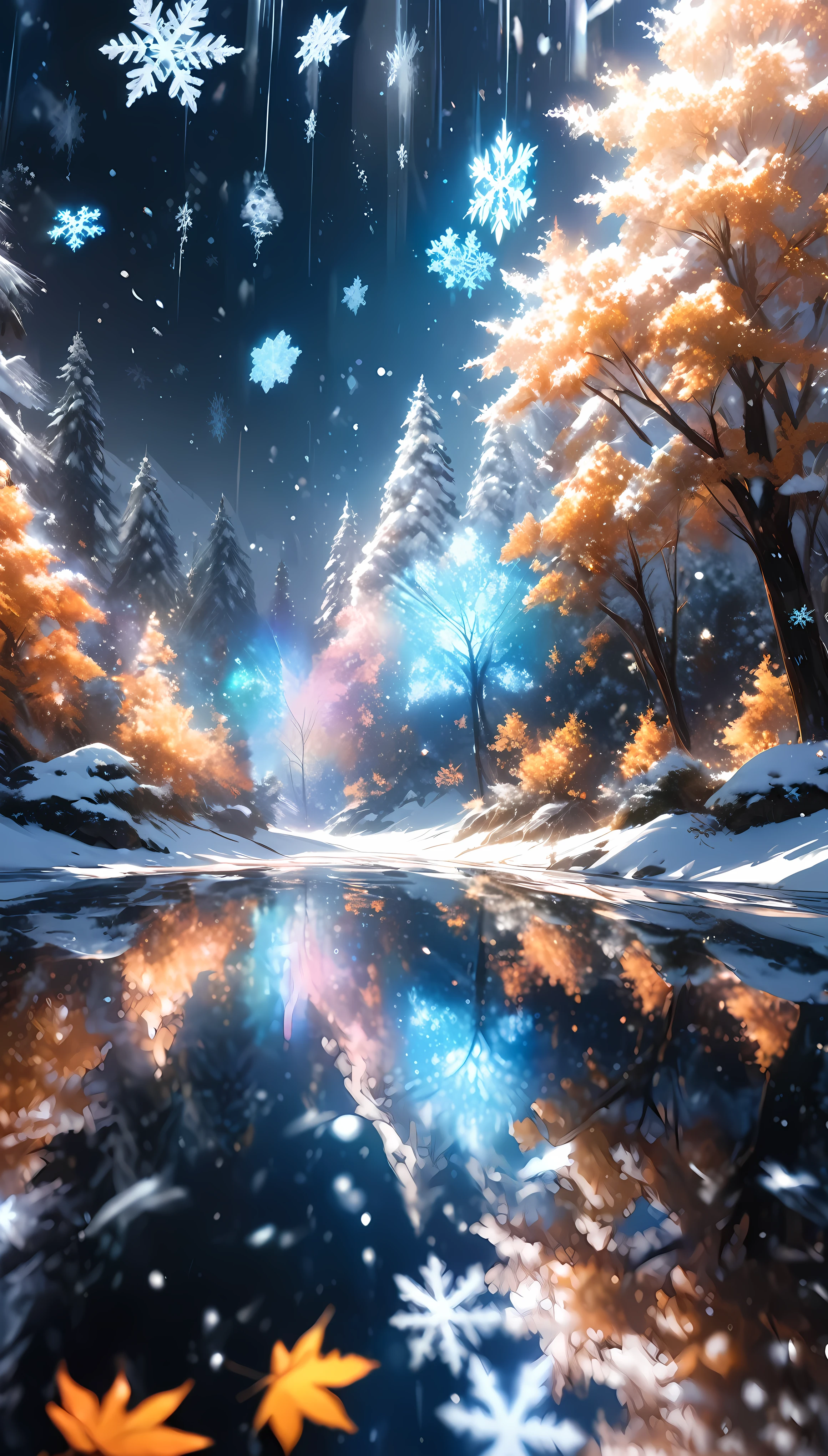 Black painted canvas, Transparent, sparkling snowflakes fall, [Transparent holographic reflection], Absurd scenery created by snowflakes, A beautiful world that leaves you speechless..., 