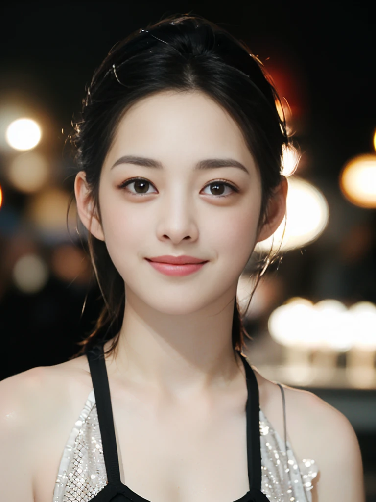 a Close-up portrait of gorgeous smiling cute Japanese woman in a glamorous Fishnet dress outfit, delicate facial features, porcelain-skinned, ponytail, a fusion of young Marion Cotillard's striking eyes and young Anne Hathaway's introspective gaze, long and slender cute face, curved eyebrows, droopy hooded eyes, lower nasal bridge, slim wavy nose, smiling, thin lips, short pixie cut hair, silhouette, bokeh, skylight atrium pool background, depth of field, photo, film,