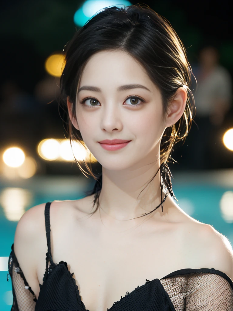 a Close-up portrait of gorgeous smiling cute Japanese woman in a glamorous Fishnet dress outfit, delicate facial features, porcelain-skinned, ponytail, a fusion of young Marion Cotillard's striking eyes and young Anne Hathaway's introspective gaze, long and slender cute face, curved eyebrows, droopy hooded eyes, lower nasal bridge, slim wavy nose, smiling, thin lips, short pixie cut hair, silhouette, bokeh, skylight atrium pool background, depth of field, photo, film,