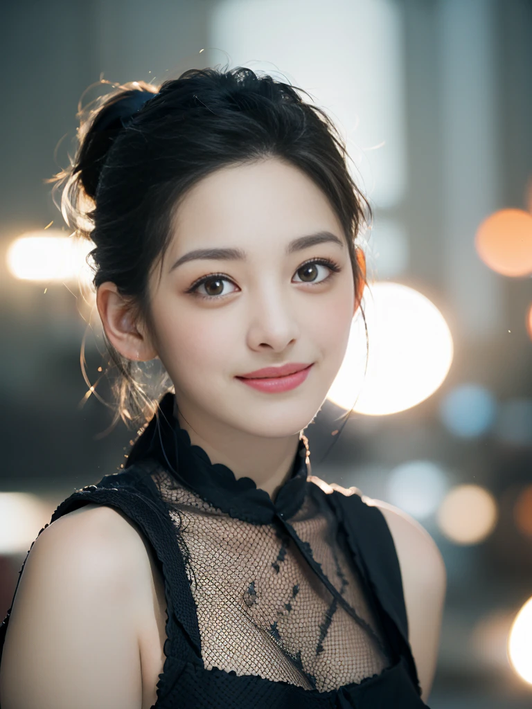a Close-up portrait of gorgeous smiling cute Japanese woman in a glamorous Fishnet dress outfit, delicate facial features, porcelain-skinned, ponytail, a fusion of young Marion Cotillard's striking eyes and young Anne Hathaway's introspective gaze, long and slender cute face, curved eyebrows, droopy hooded eyes, lower nasal bridge, slim wavy nose, smiling, thin lips, short pixie cut hair, silhouette, bokeh, skylight atrium pool background, depth of field, photo, film,