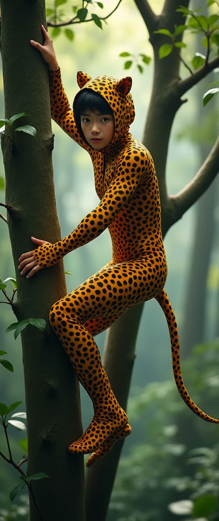 the cute,slender thin and handsome Asian teenager boy with beautiful cheeks wears leopard print lycra turtleneck unitard catsuit covered with black seamless spots and always wear leopard colour print lycra elastane stretchy dance wear hood covered with leopard seamless spots.He climbs a tree in the forest.