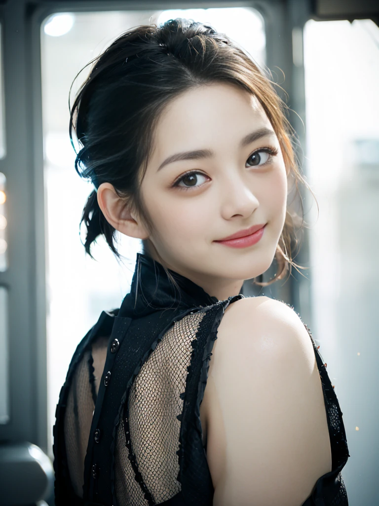 (masterpiece, top quality, best quality, (close-up photograph: 2), ((1girl)), fair skin, (((closed lips))), (extremely detailed face), looking straight, ultra-detailed eyes and pupils, ((bare pectorals)), ((bare chest)), bare head, nude dress, (((bare shoulders))), symmetrical frame, ((strapless)), (((smile))), ((symmetrical pose)), looking at viewer, (((looking at viewer))), ((symmetrical face: 1.6)), 35mm, simple background, ((studio lighting)), no watermark, ((brown hair)), bangs, <lora:sejeonglorashy:1>