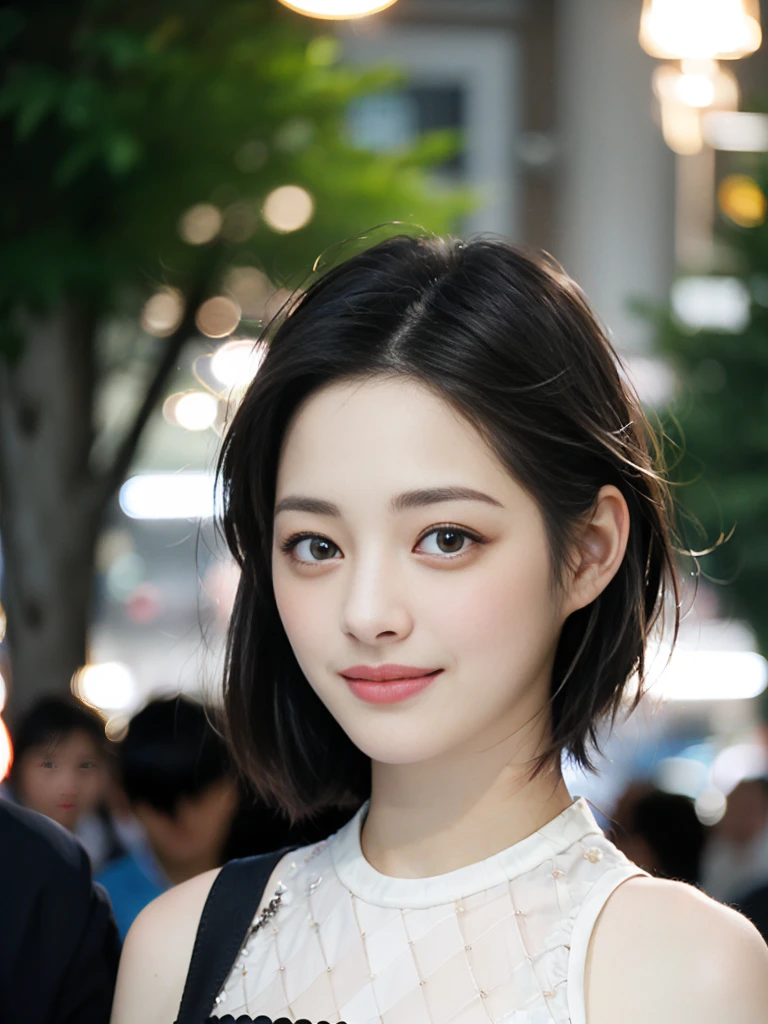 a Close-up portrait of gorgeous smiling cute Japanese woman in a glamorous Fishnet dress outfit, delicate facial features, porcelain-skinned, ponytail, a fusion of young Marion Cotillard's striking eyes and young Anne Hathaway's introspective gaze, long and slender cute face, curved eyebrows, droopy hooded eyes, lower nasal bridge, slim wavy nose, smiling, thin lips, short pixie cut hair, silhouette, bokeh, skylight atrium pool background, depth of field, photo, film,