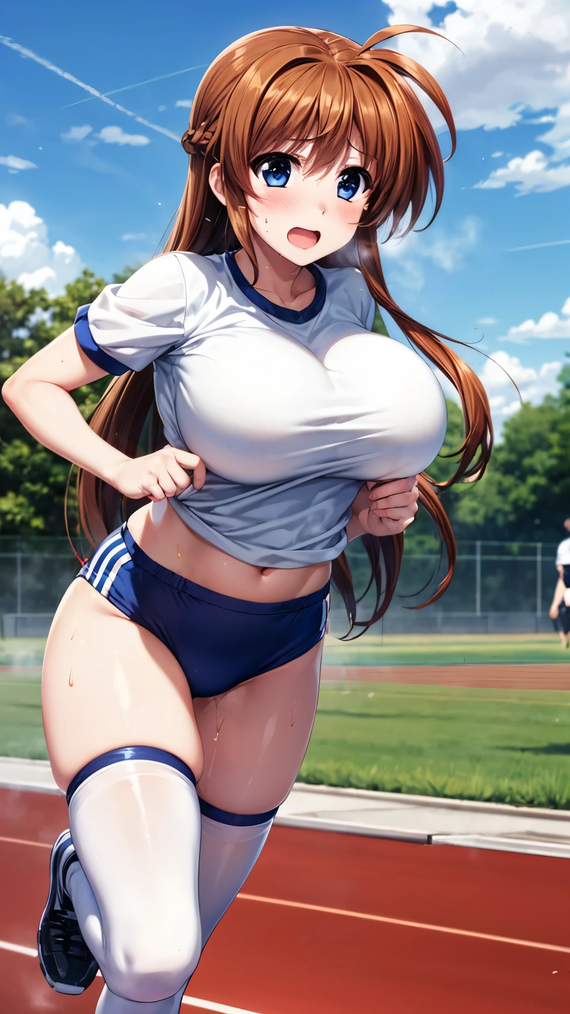 best quality,1girl,((big breasts:1.3)),((orgasm,blush,sweat,steam:1.1)), nanoha takamachi, takamachi nanoha, brown hair, long hair, ((straight hair:1.5)), blue eyes,gym uniform,buruma,white thighhighs,running,running track