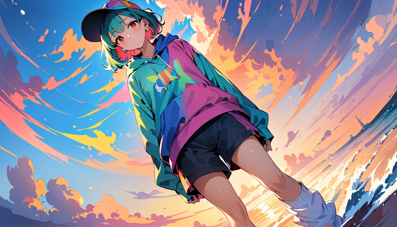 quality, 8k, 4K, High Contrast, masterpiece:1.2, 最high quality, Best aesthetics), ((1 female)),Walking,bright eyeshadow,((Super Short Hair)), (beach with beautiful sea), (Wearing a colorful hoodie.), ((Shorts)),(Colorful loose socks), Looking at the audience, Transparent Background, Sleepy eyes, High Contrast, Contrasting colors, green and blue hair, Red eyes,Small star-shaped earrings on both ears, ((Low angle shot)), Colorful baseball caps,Colorful sneakers,big ,All green,