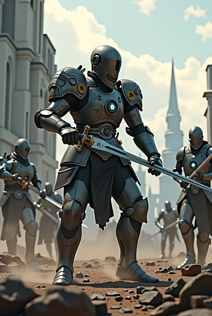 Cyberborg knight fighting medieval knights in a mix of medieval and futuristic times
