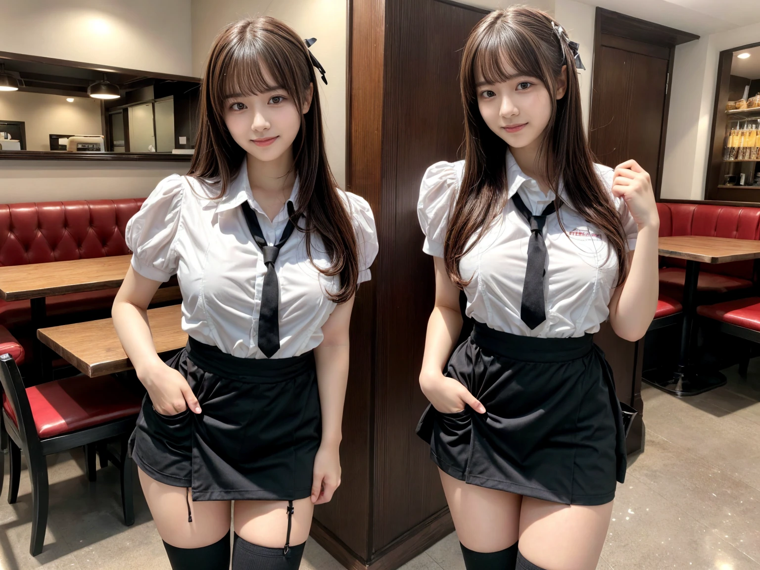 masterpiece, best quality, illustration, Super detailed, fine details, High resolution, 8K,wall paper, perfect dynamic composition,(Details High quality, realistic depiction of eyes:1.3), (2 girls), standing,waitress uniform, restaurant, huge breasts, short bob hair、black hair color, Big Natural Color Lip, (perfect body shape), crying a little、little smile, Harajuku style、20 year old girl、cute type、ta、beautiful legs, focus on crotch, full body photo, gravure idol