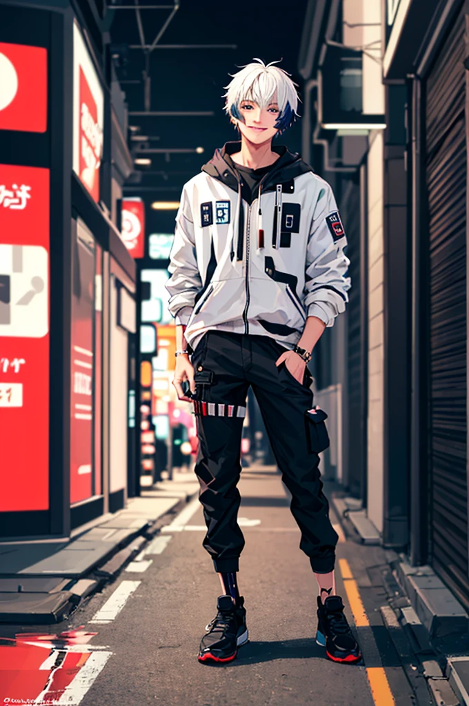 ((masterpiece)), (((best quality))), chromatic lighting,
colorized, white + black limited color palette, 
detailed concept drawing, no weird object on his face, cyberpunk, futuristic, combat pants,
portrait, 25yo 1guy, slender, Shibuya street fashion, short white hair, black eyes, full body(head to toe), smiling、posing