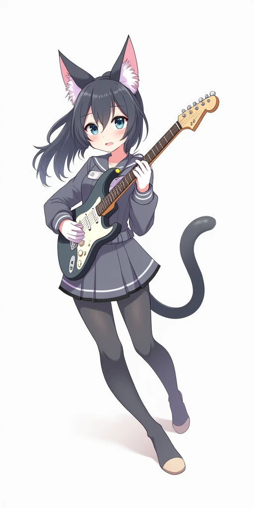 anime girl with a guitar and a cat costume, (ponytail forehead hair pulled back:1.3), (black hair:1.3), 1girl, solo, long hair, blue eyes, simple background, black hair, gloves, white background, holding, animal ears, closed mouth, jacket, tail, full body, grey hair, pantyhose, multicolored hair, cat ears, cat tail, animal ear fluff, cat girl, instrument, music, playing instrument, holding instrument, violin, anime style, from girls frontline, fine details. girls frontline, girls frontline universe, girls frontline style, girls frontline, girls frontline cg, soft anime illustration, 2 0 2 2 anime style, 2022 anime style, pixiv contest winner, pretty anime character design, render of april