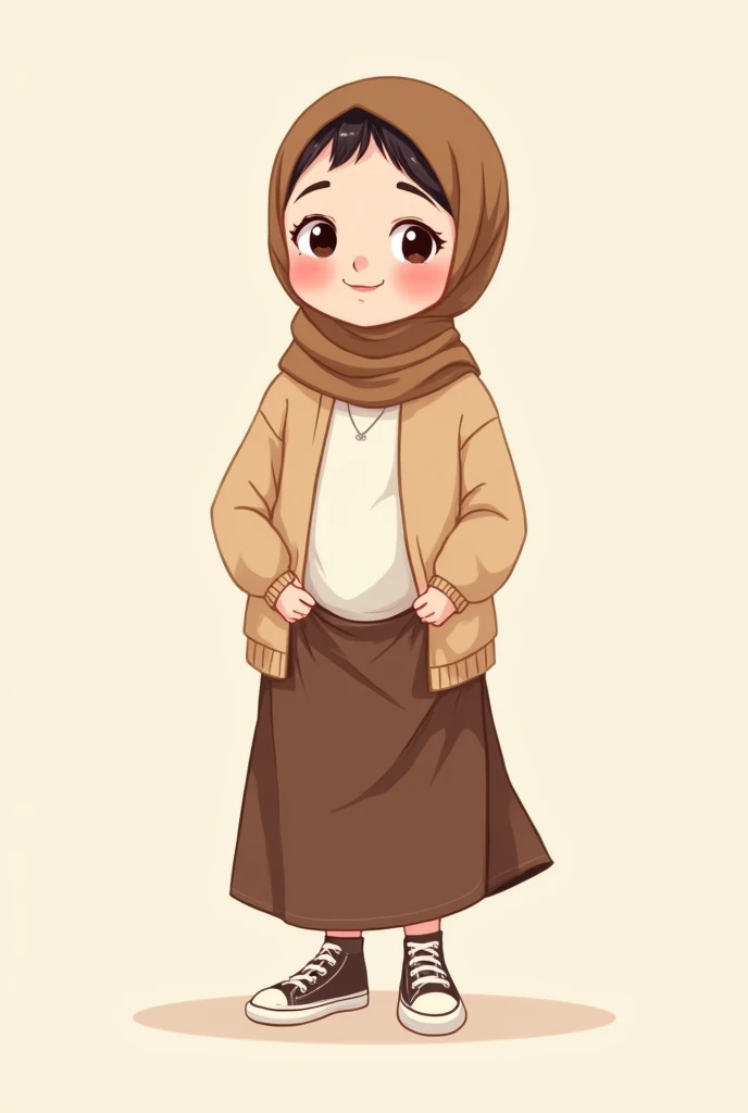 Cartoon with text: 
Cute little cartoon girl, with brown hijab on, wearing oversized beige cardigan, white shirt, brown skirt, brown socks, sneakers, pulling up her skirt, white underwear 