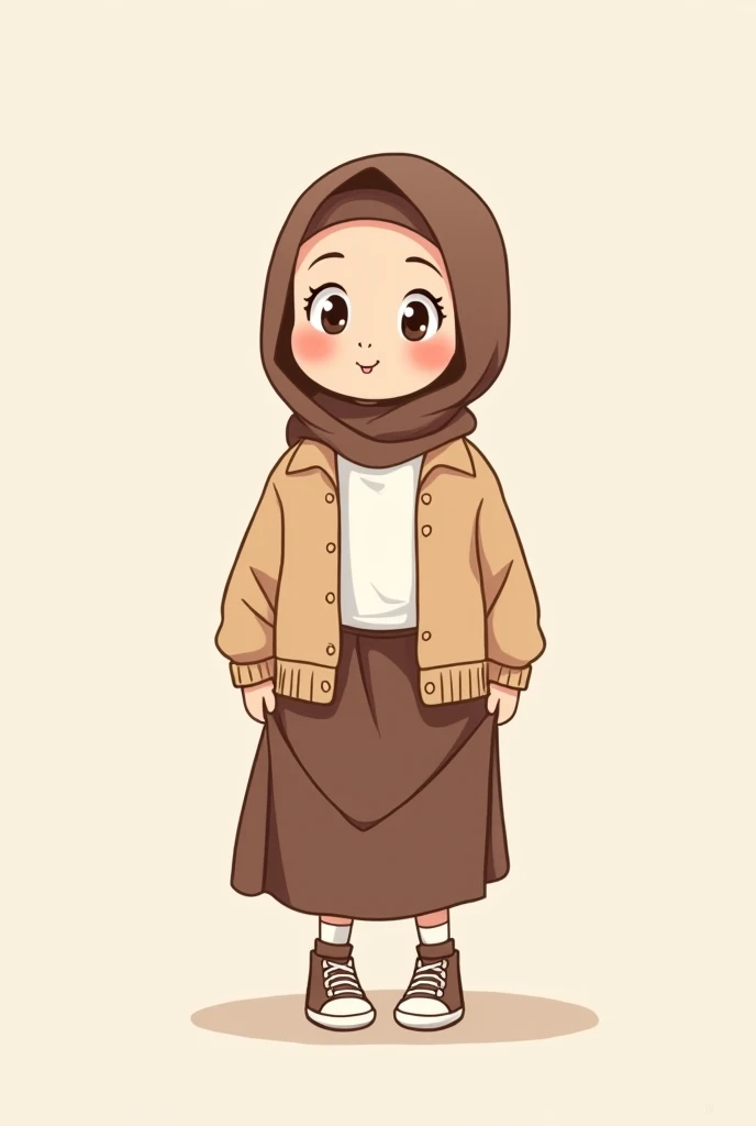 Cartoon with text:
Cute little cartoon girl, with brown hijab on, wearing oversized beige cardigan, white shirt, brown skirt, brown socks, sneakers, pulling up her skirt, white underwear
