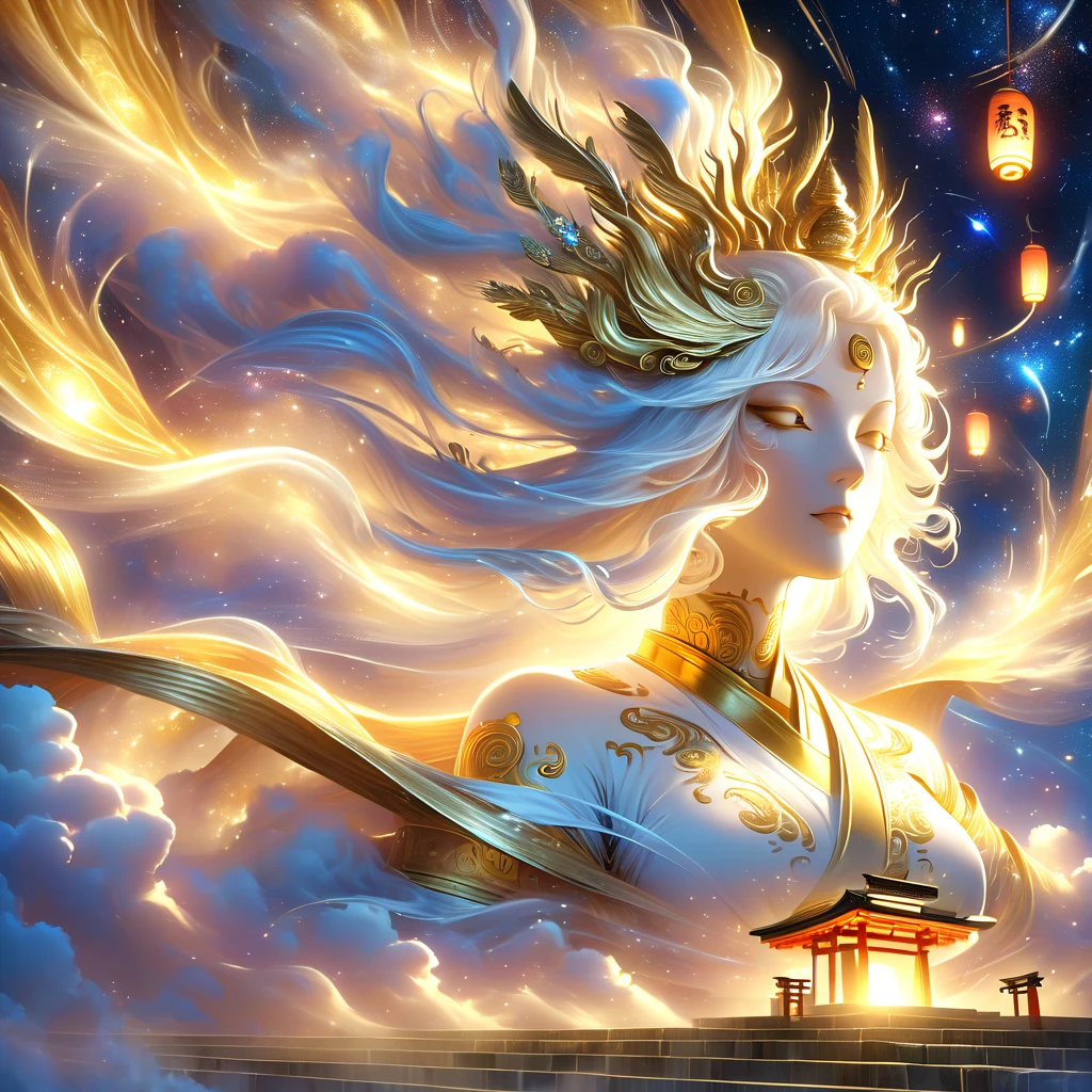 A majestic Golden Senju Kannon Bodhisattva, the Buddhist deity with a thousand arms, descending gracefully from the heavenly realms to the earthly shrine. The deity's form is illuminated by a divine light as it moves through the clouds, with each golden arm and hand exquisitely detailed and shimmering. The cinematic lighting creates dramatic shadows and highlights the deity's mystical and powerful presence. The scene captures the moment of descent, with ethereal light beams and celestial elements enhancing the divine aura. The environment below is a traditional shrine, with temple elements like lanterns, torii gates, and a gentle mist, all contributing to a sense of awe and reverence as the deity's feet touch the ground.