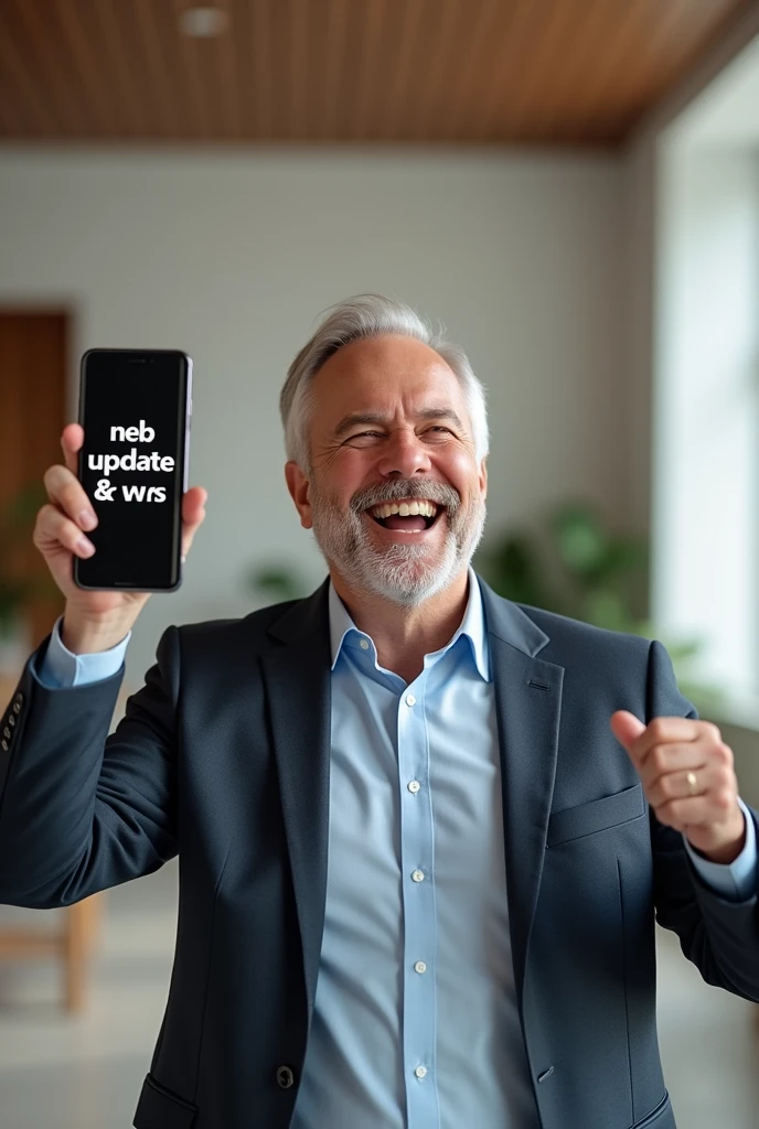 Man showing smartphone & laughing and write "NEB Update & News" on smartphone screen.