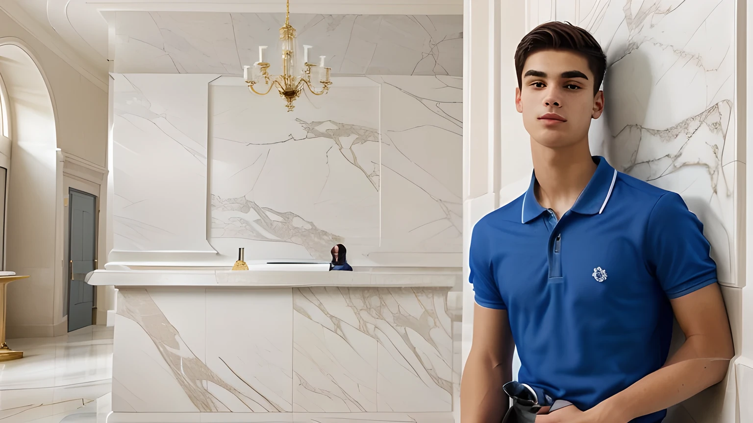 high school student, stopped, wearing a blue polo shirt and grey trousers, in a luxurious reception hall made of marble, high ceiling