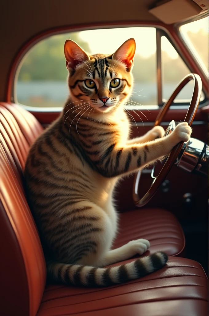 Create a cat beautiful cat in the car driving