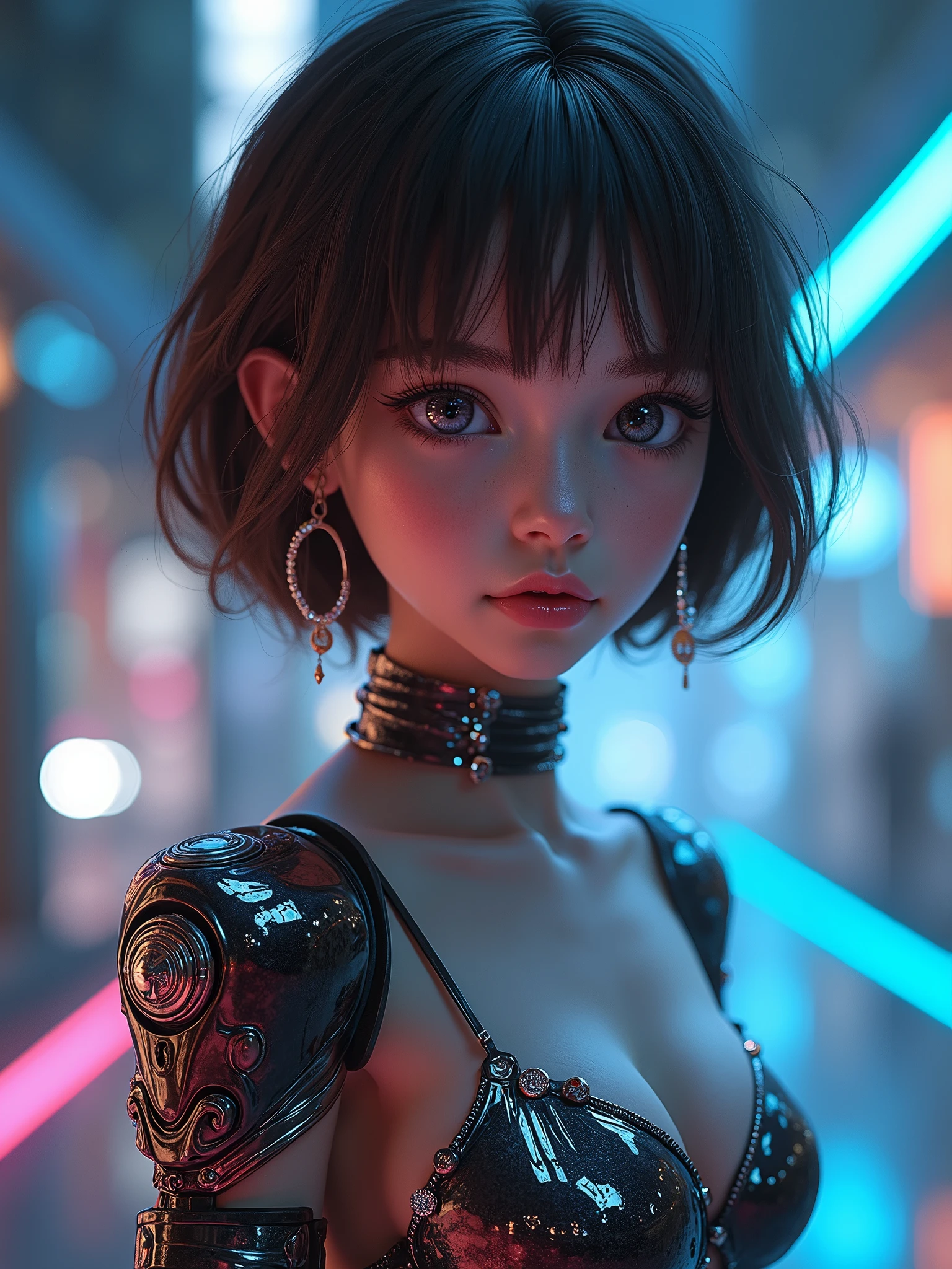 A pretty girl, 2, wearing beautiful fashionable casual clothes, short brown hair, pretty eyes, pretty lips, sparkling jewelries, half robot, night version , fantasy, vibrant colors, futuristic,