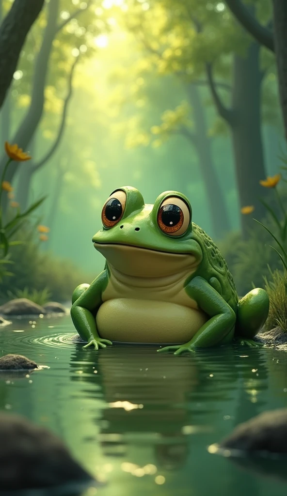 One day in the style of viral cartoon digital illustration in 4K quality, thumbalina was caught by a frog from a large. He wanted to take her to his swamp.