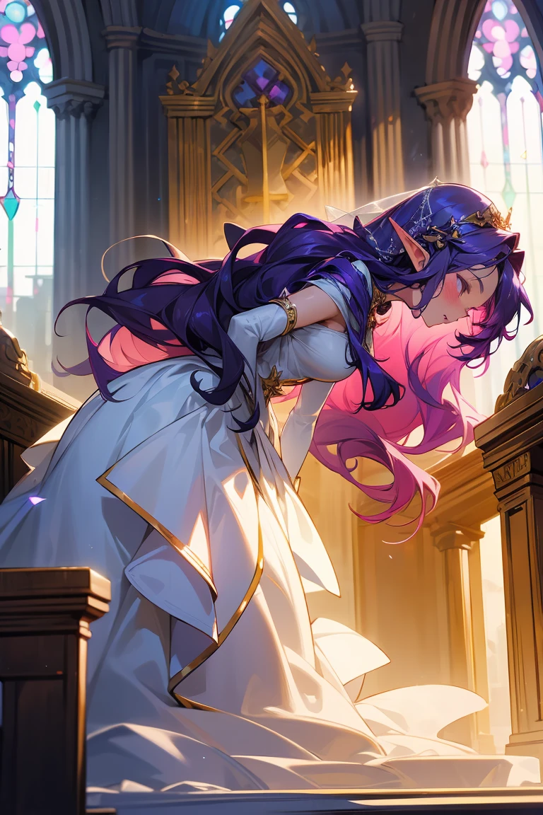 A stunning D&D woman, an enchanting blend of elf and fairy, stands in a grand, magical church with a serene, expectant expression. Her long, wavy dark purple hair cascades over her shoulders, contrasting beautifully with her elegant white wedding dress. The atmosphere is filled with soft, glowing light, creating a magical aura as she prepares to meet her great love. The church is adorned with intricate, mystical details, and she stands at the altar, a sense of deep love and anticipation surrounding her in this sacred moment.
