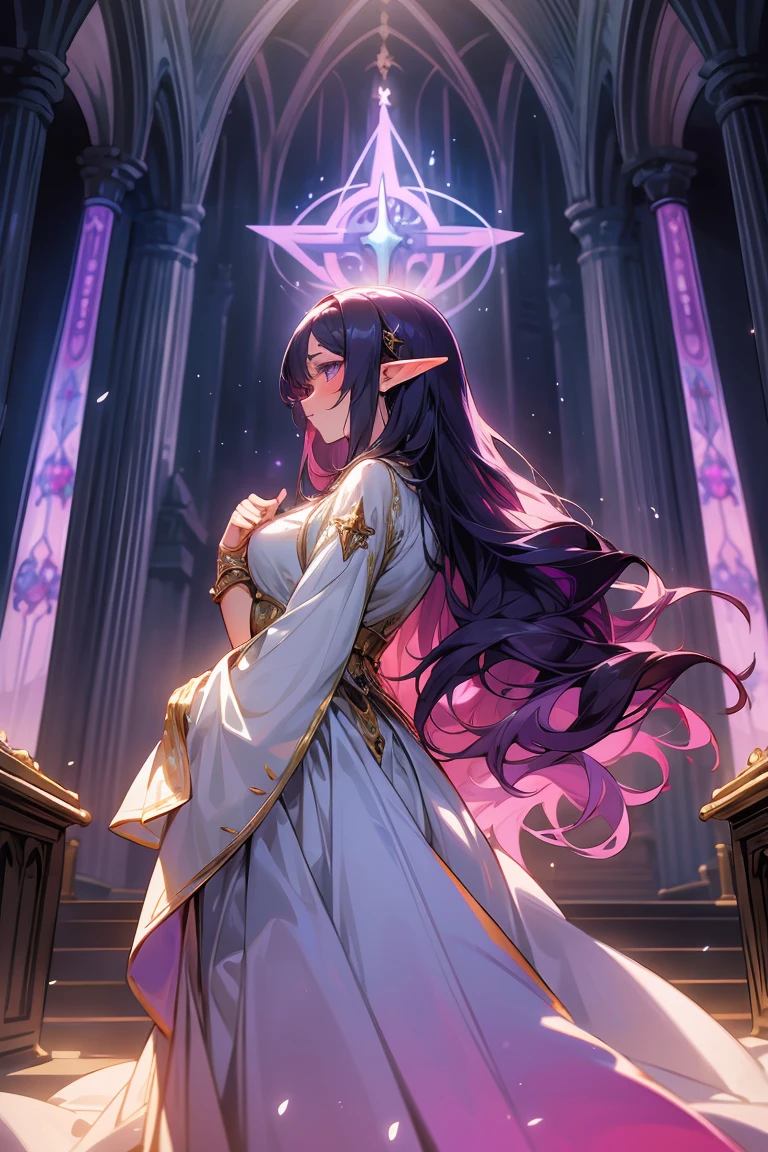 A stunning D&D woman, an enchanting blend of elf and fairy, stands in a grand, magical church with a serene, expectant expression. Her long, wavy dark purple hair cascades over her shoulders, contrasting beautifully with her elegant white wedding dress. The atmosphere is filled with soft, glowing light, creating a magical aura as she prepares to meet her great love. The church is adorned with intricate, mystical details, and she stands at the altar, a sense of deep love and anticipation surrounding her in this sacred moment.
