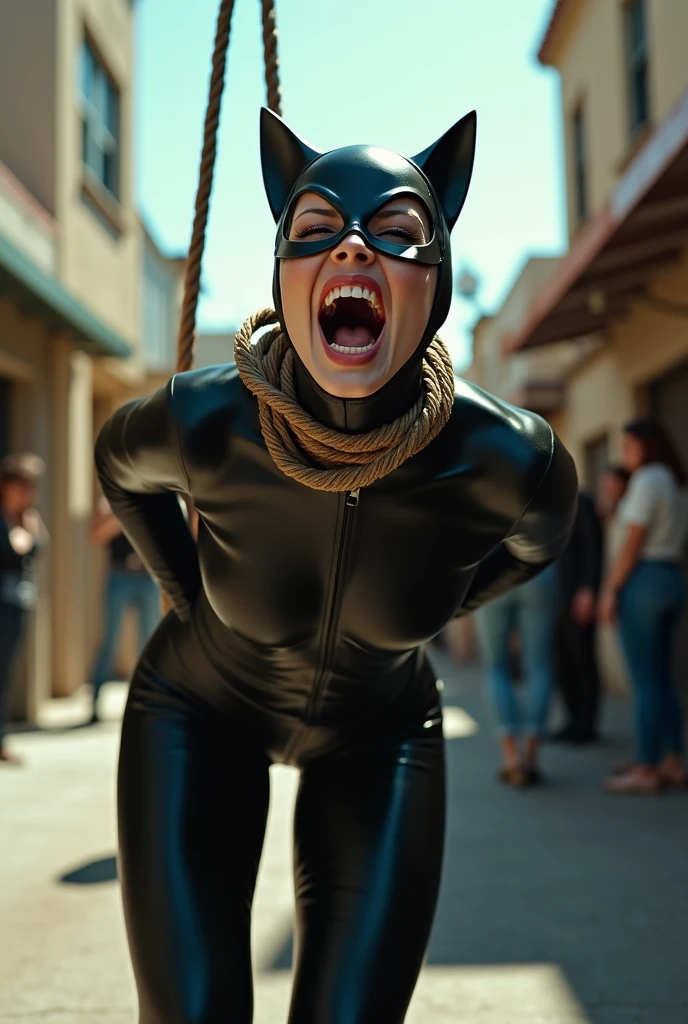 (8k, best quality, photorealestic, masterpiece, Realists) Catwoman, sexly, Nice, hot, gasp, panting, horrified facial expression, The Catwoman mask on, in Catwoman suit, is hanged, suffocated, Face tilted to the sky, Niceer Hals, Rope tightly around the neck, Rope tightly around the neck gebunden, A single thick rope, Rope tightens under the chin, um der Kehle zum strangle zu strangle, gallows, Hands behind the back zusammengebunden, in the air, erwürgen in the air, einen halben Meter in the air, Feet not on the ground, Hands behind the back, atmen, strangle, hanging, in a remote alley in Los Angeles, sunny day and crowd around her.