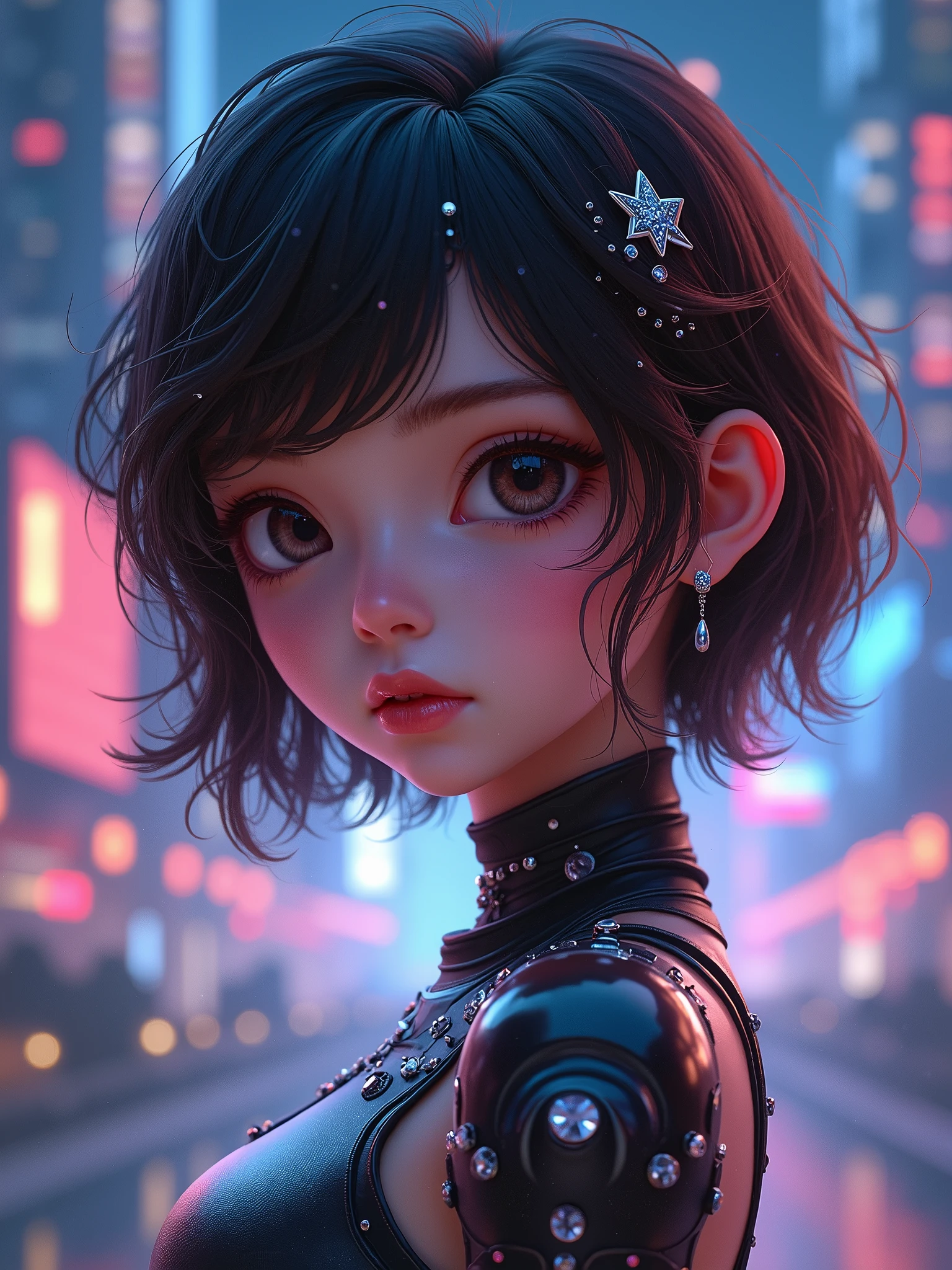 A pretty girl, 2, wearing beautiful fashionable casual clothes, short brown hair, pretty eyes, pretty lips, sparkling jewelries, half robot, night version , fantasy, vibrant colors, futuristic,