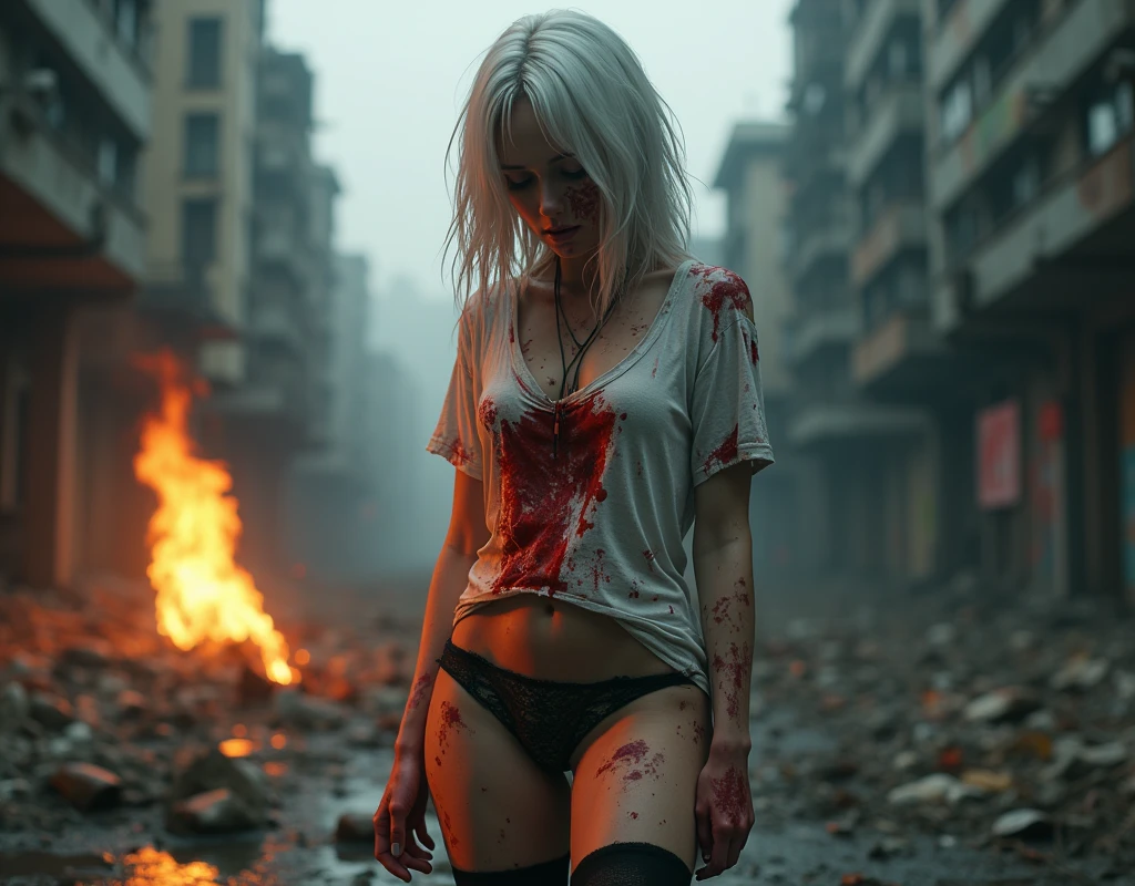 Young woman, post-apocalypse, Zombie, ruined city, flame, face in blood, torn T-shirt, without pants, Lace panties, put on panties, Without shorts, scratches, holes in the t-shirt, White hair, black stockings