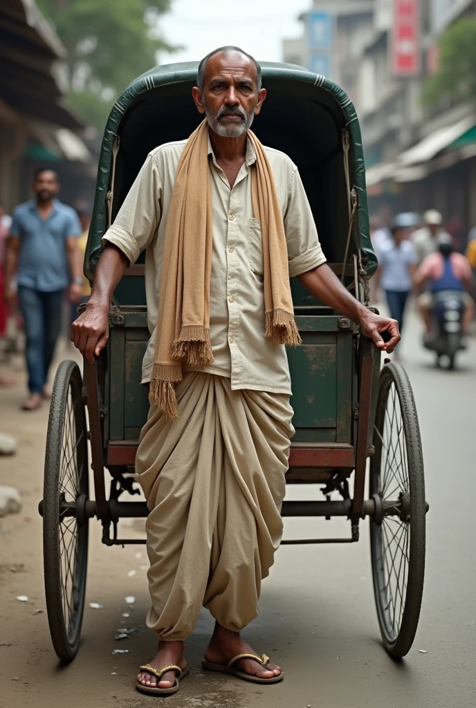 a real photo of president of Bangladesh awami League saddam as a rickshaw puller. Standing with a rickshaw,  wearing Lungi and under gangi