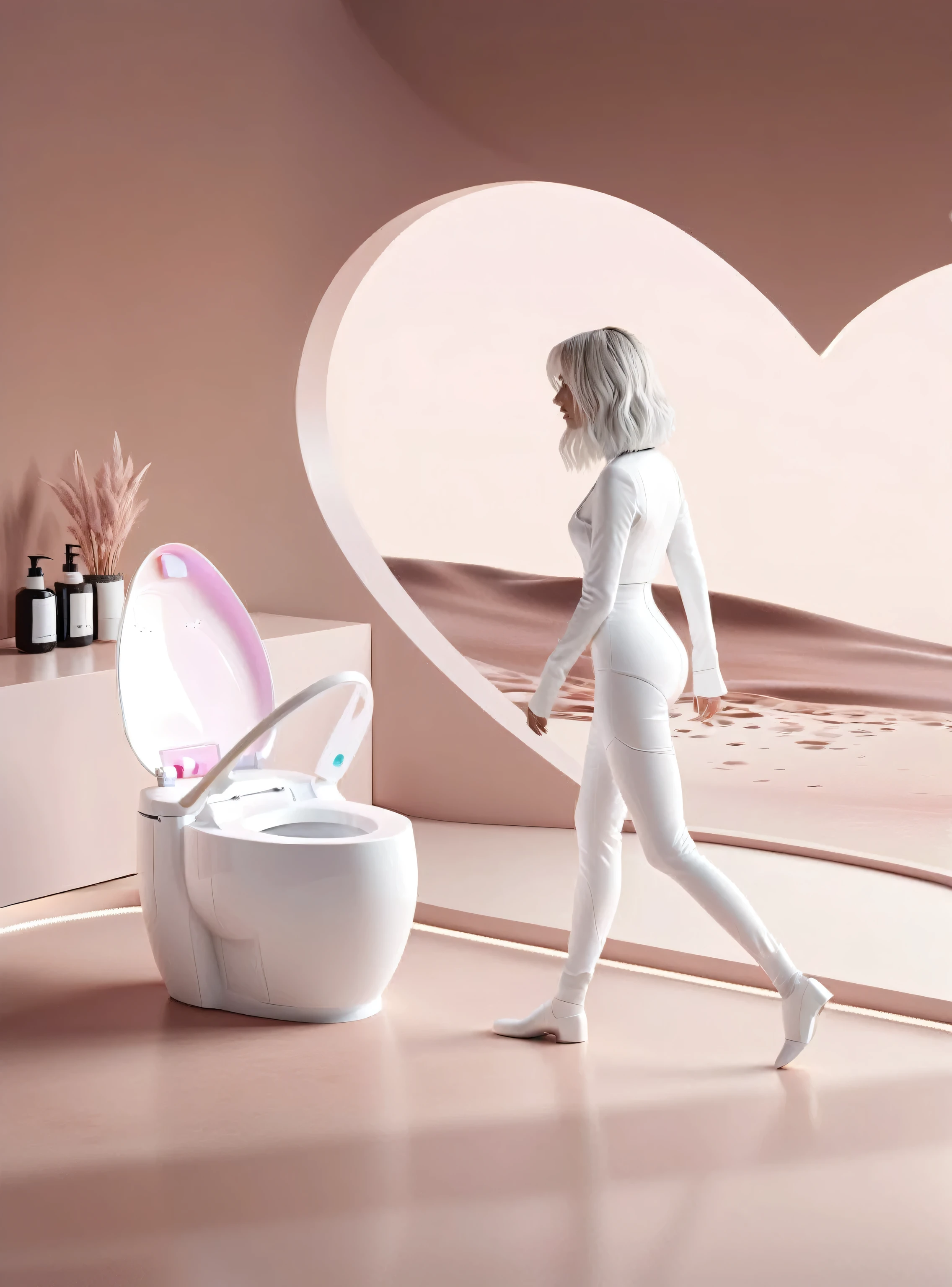 there is a woman walking in a bathroom with a toilet, rgb gamer toilet, gaming toilet, elegent, futuristic product design, smooth utopian design, gaming chair as a toilet, 🤬 🤮 💕 🎀, siting on a toilet, 👁🌹👾, elegence, product design render, elegant design, futuristic design, 3d product, feminine