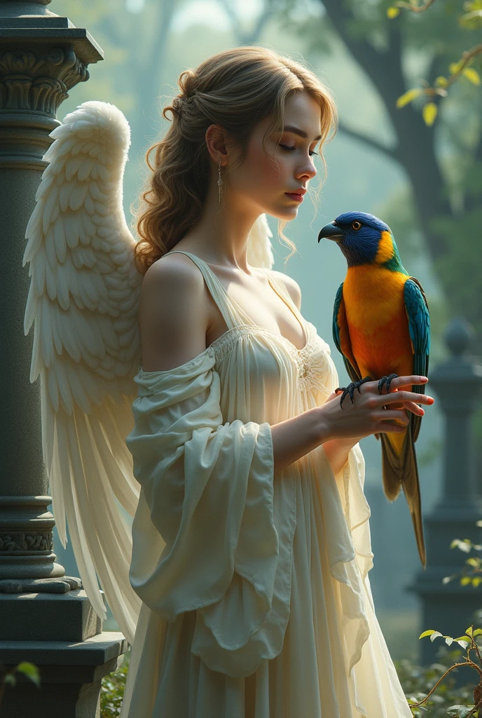 Realistic angelic woman with a multi-colored bird perched on her arm in a cemetery