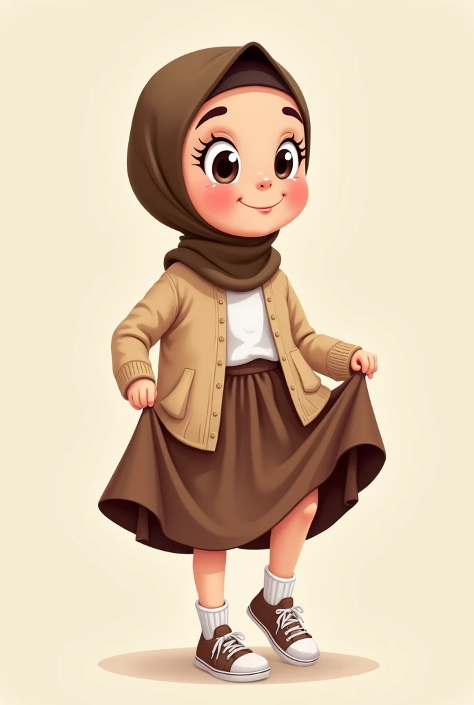 Cartoon with text: 
Cute  cartoon girl, with brown hijab on, wearing oversized beige cardigan, white shirt, brown skirt, brown socks, sneakers, pulling up her skirt, upskirt, exposed legs, white underwear 