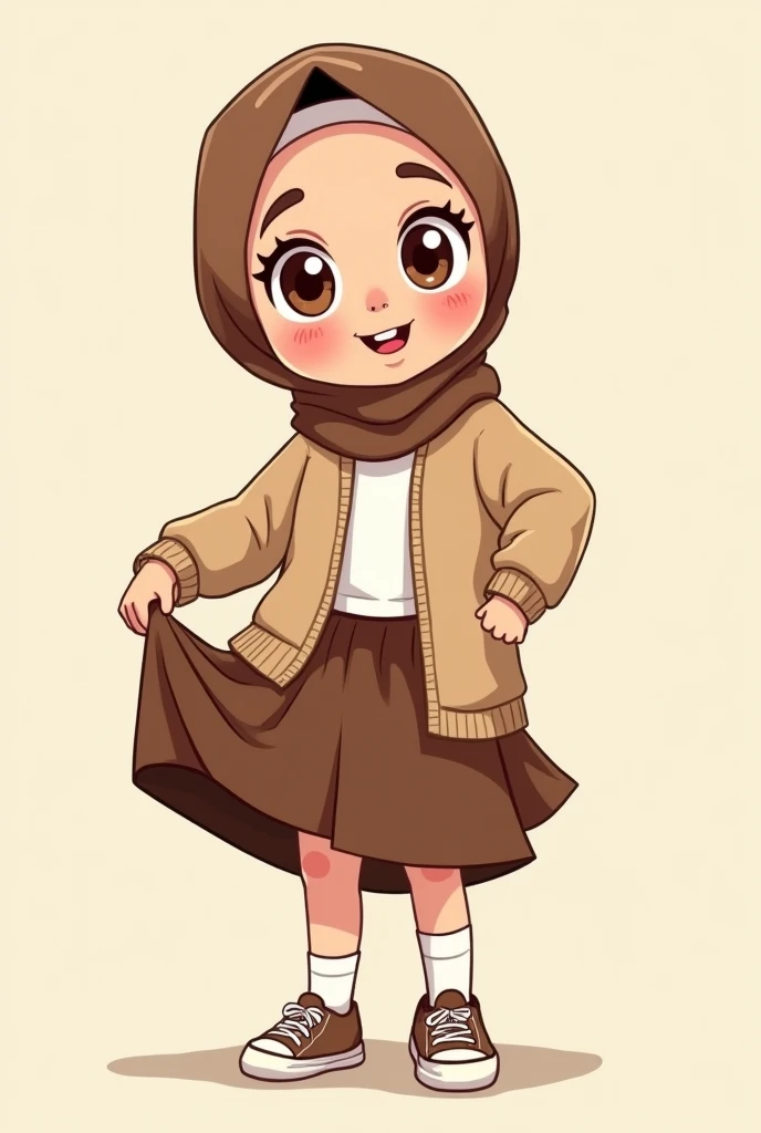 Cartoon with text:
Cute little cartoon girl, with brown hijab on, wearing oversized beige cardigan, white shirt, brown skirt, brown socks, sneakers, pulling up her skirt, upskirt, exposed legs, white underwear