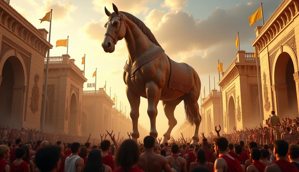 A gigantic wooden horse is being brought inside the city gate of troy in ancient Greece. Prople are rejoicing.
