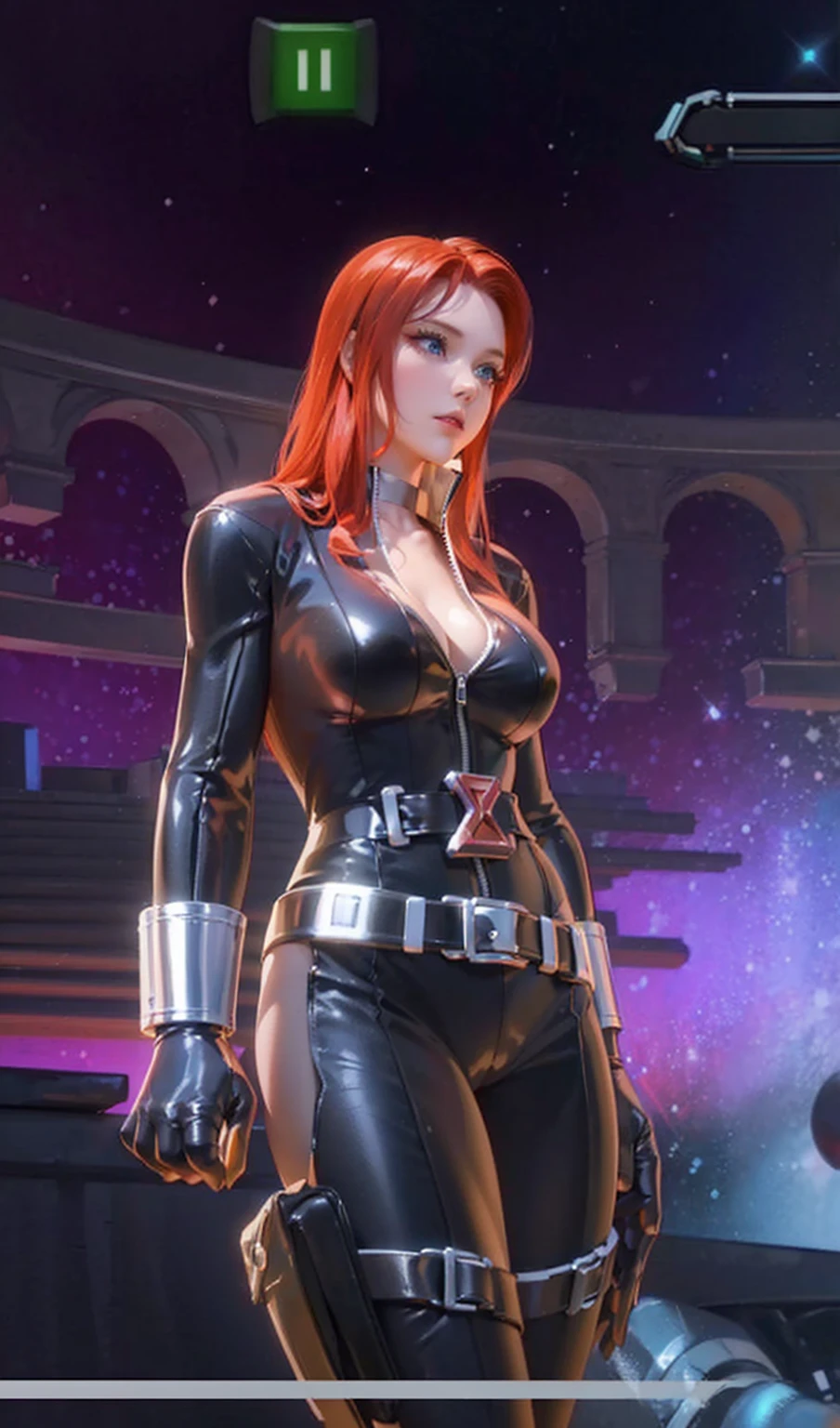 The image is a digital illustration of a red-haired girl clad in a sleek skin-tight shiny black latex bodysuit with a deep-cut zipper neckline revealing a large chest, the silver zipper running down the front. The suit is complemented by her silver wrist guard on both wrists and a metal belt with a red "black widow" symbol buckle. She is wearing gloves. She appears with a cute smile on her face. Her blue eyes are intently looking to the side. The background hints at a sky, contributing to a cosmo feel. The overall aesthetic includes warm tones that may impart a welcoming ambiance.