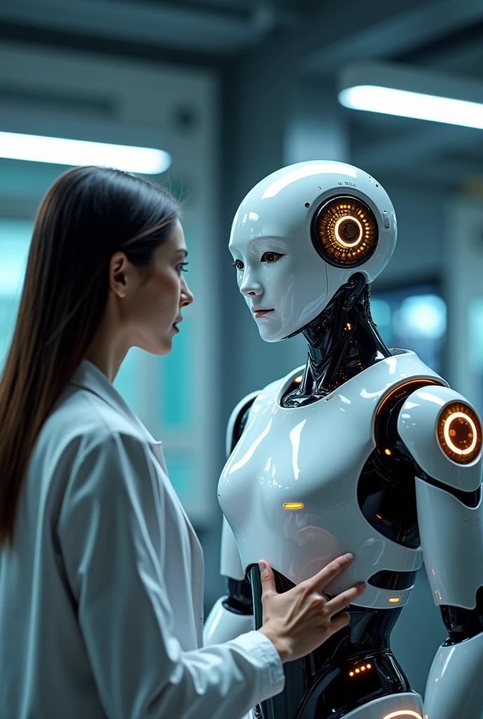 Help me draw a Robot that collects data from the expression when using products and services by 2050