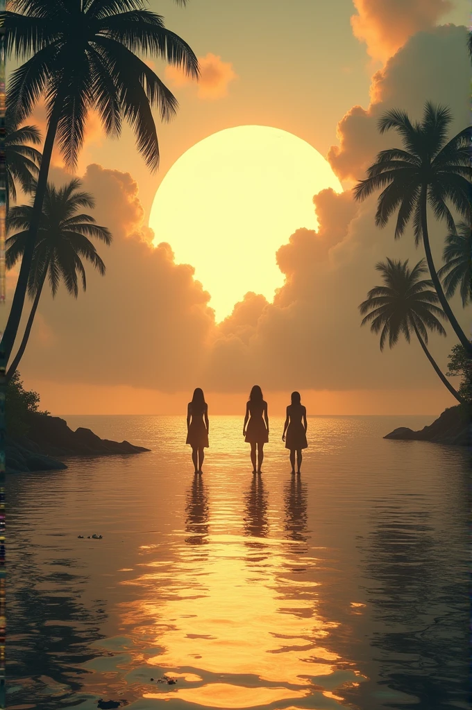 landscape photo with thick, circular clouds, silhouettes of coconut trees and grass, silhouettes of women from a distance, golden light with reflections in the sea