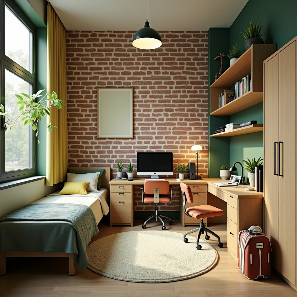 Small modern schoolboy room. Decorative wall in white original 19th century brick. Decorative wall of rustic board , single bed, homework desk, two-door wardrobe, bookcase, office chair, computer, monitor, school supplies.
Style: modern, photo-realism, minimalism.
Colour scheme: green and yellow
Atmosphere: light with elements of dark green and brown
Lighting: artificial light from a pendant lamp